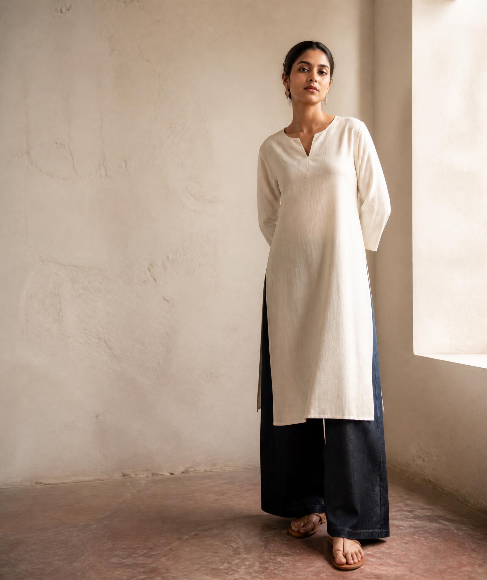 Model wearing an ivory straight-cut SAANJH kurti with dark wide-leg denim in a warm plaster room
